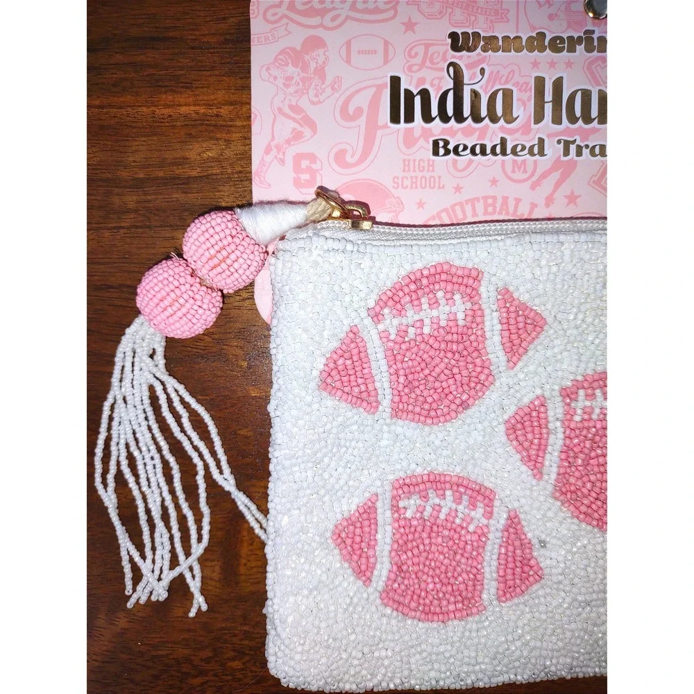 Handmade Beaded Travel Pouch White Pink Football India‎ Tassel